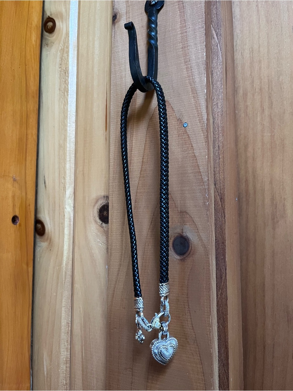 Judith Ripka Black Braided Necklace Sterling Silver Heart Pendant & 18 kt accent